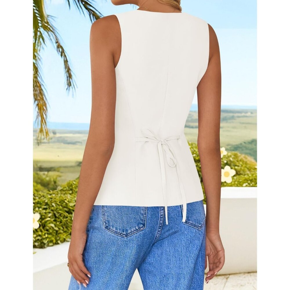 Women's White Sleeveless Suit Vest Square Neck Button Down Work Business Blazer - Picture 3 of 6